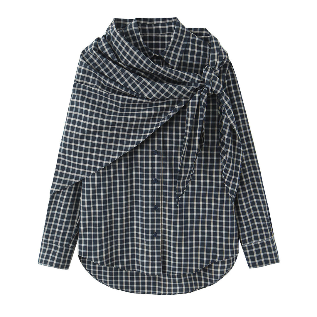Women Checked Blouse Shirt with Asymmetrical Scarf Detail Mune Fashion