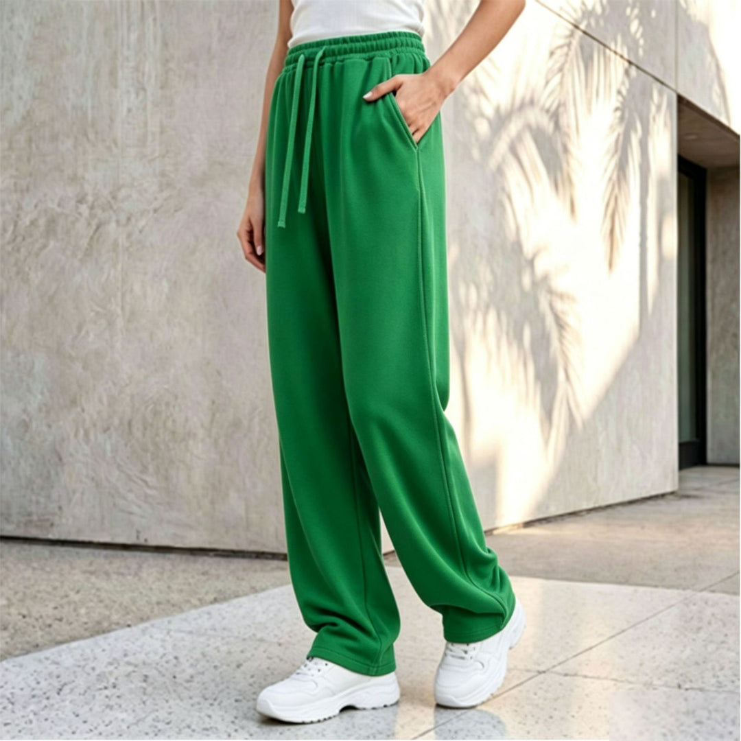 Women's wide lounge palazzo pants with high comfort waistband, drawstring, side pockets, and decorative side seam Mune Fashion