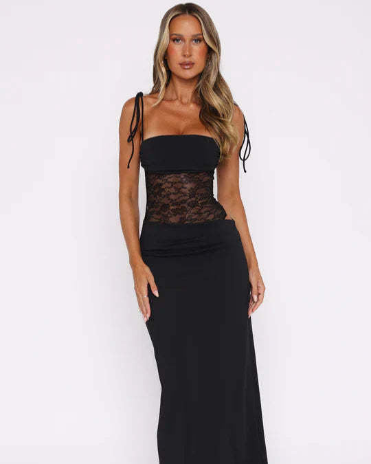 Women’s elegant max dress with transparent lace bodice, bandeau top, and tie straps Mune Fashion