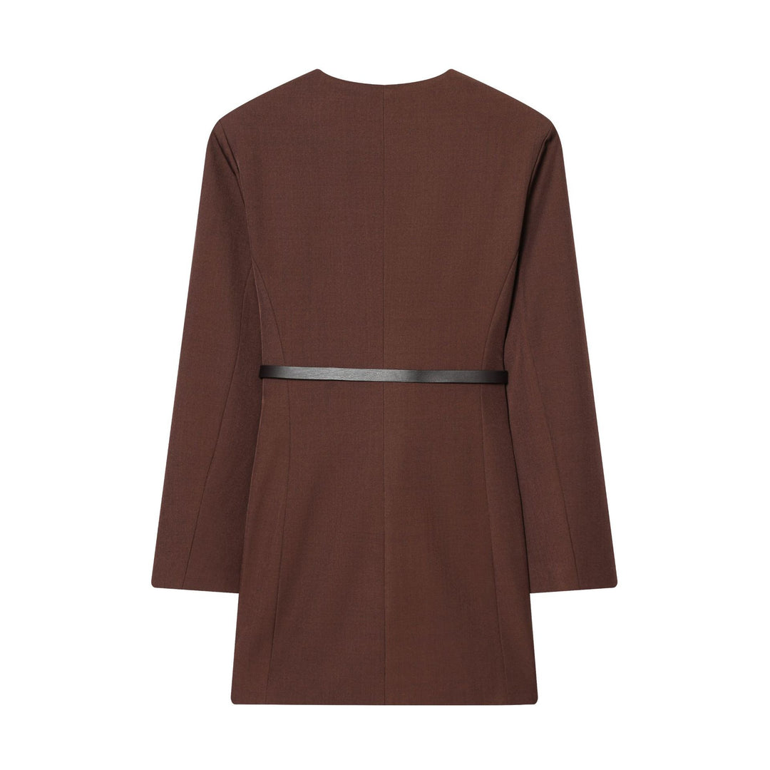 Women's fitted double-breasted coat with round neckline and narrow leather tie belt Mune Fashion