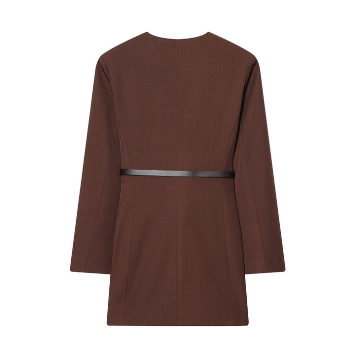 Women's fitted double-breasted coat with round neckline and narrow leather tie belt Mune Fashion