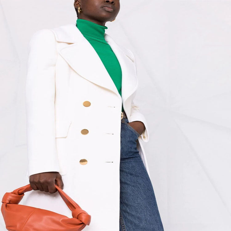 Women's Double-breasted Boxy Coat made of wool blend with wide lapels and gold decorative buttons Mune Fashion