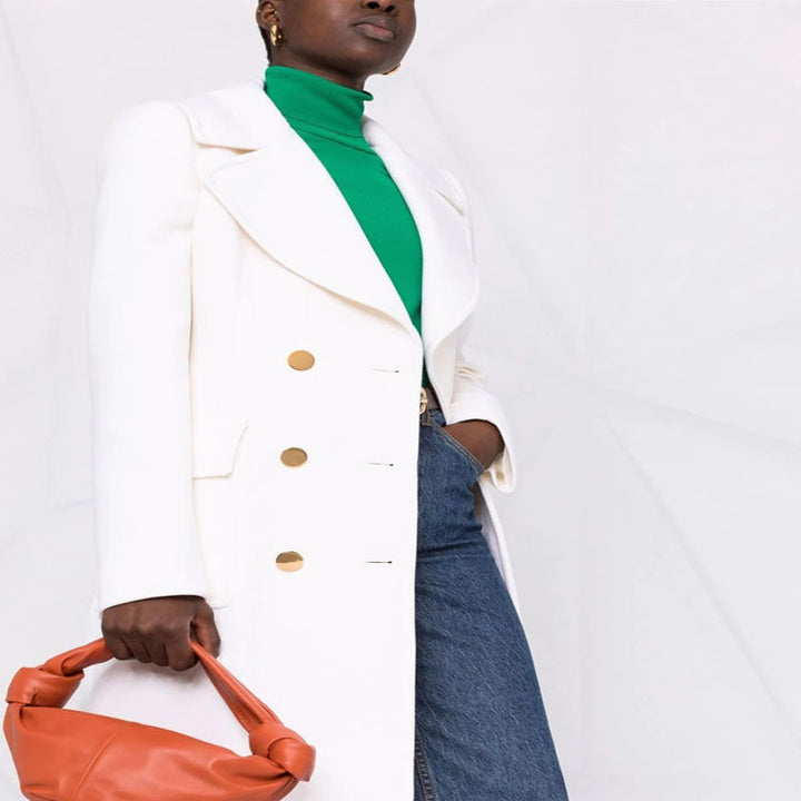 Women's Double-breasted Boxy Coat made of wool blend with wide lapels and gold decorative buttons Mune Fashion