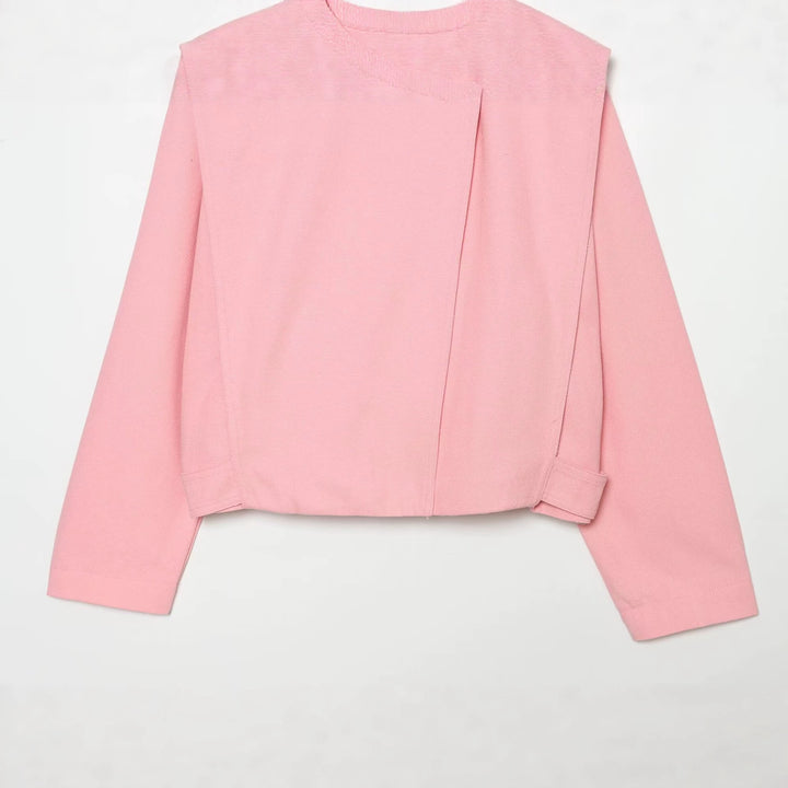 Women's short boxy jacket with stand-up collar and asymmetrical button placket Mune Fashion