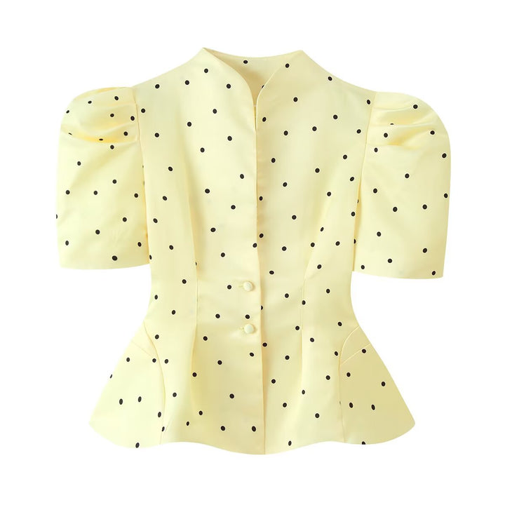 Women Tailored Satin Blouse with Puff Sleeves, Stand Collar and Polka Dot Print Mune Fashion