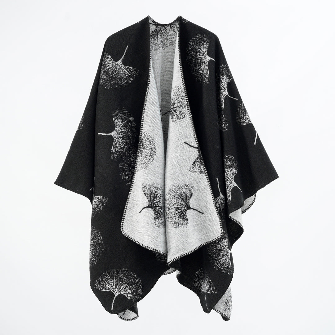 Women's Reversible Wool-Mix Poncho with Dandelion Jacquard and Fine Overlock Edge