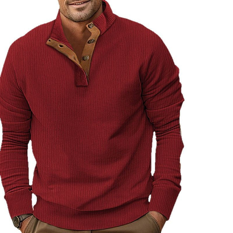 Men's ribbed Henley long sleeve shirt with stand collar and leather elbow patches Mune Fashion