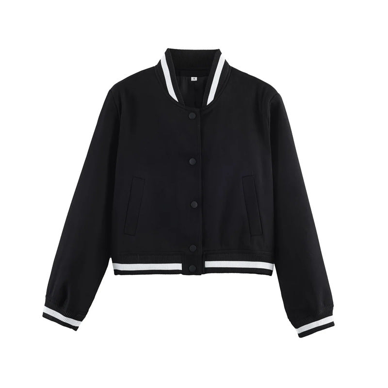 Women's short-cut bomber jacket in varsity style with ribbed cuffs and snap button closure Mune Fashion