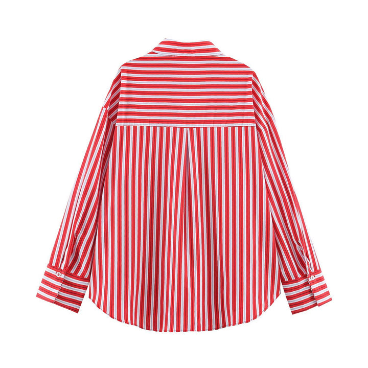 Women Oversized Striped Blouse with Shirt Collar and Cuffs Drune
