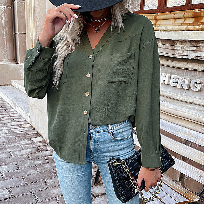 Women Light V-Neck Blouse with Button Details Mune Fashion