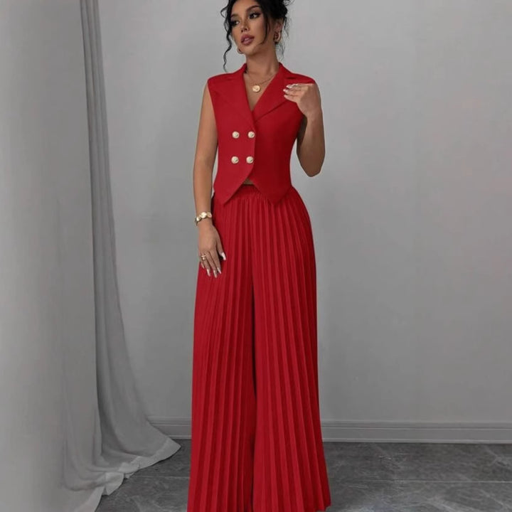 Women's Sleeveless Vest Blazer Top with Lapel and Pleated Palazzo Pants Two-Piece Evening Set Mune Fashion
