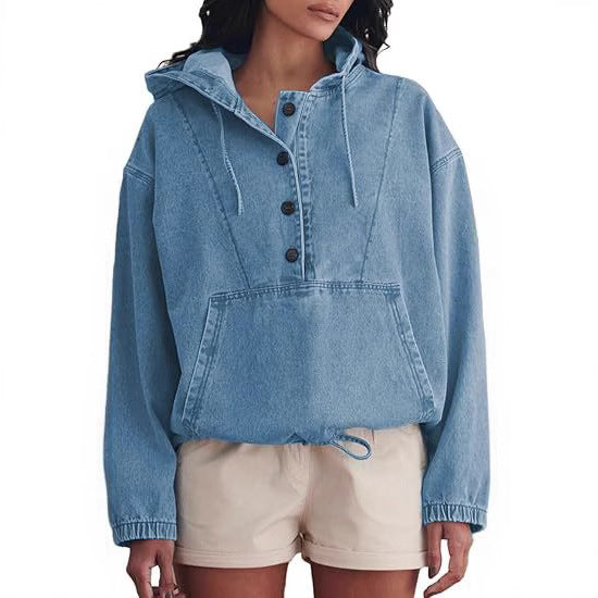 Women's denim hoodie with half button placket, kangaroo pocket, and drawstring hem Mune Fashion