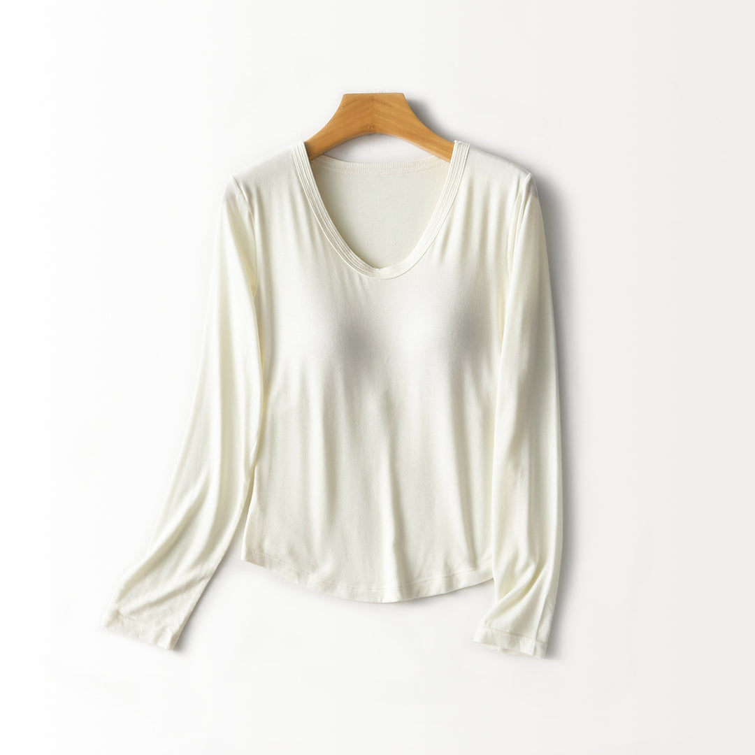 Women Figure-Flattering Long Sleeve Shirt with Deep V-Neck Mune Fashion
