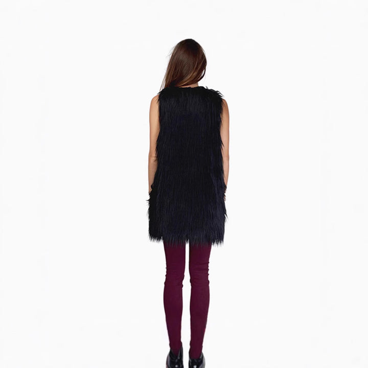 Ladies long sleeveless shaggy faux fur vest with concealing A-line and soft high-pile Mune Fashion