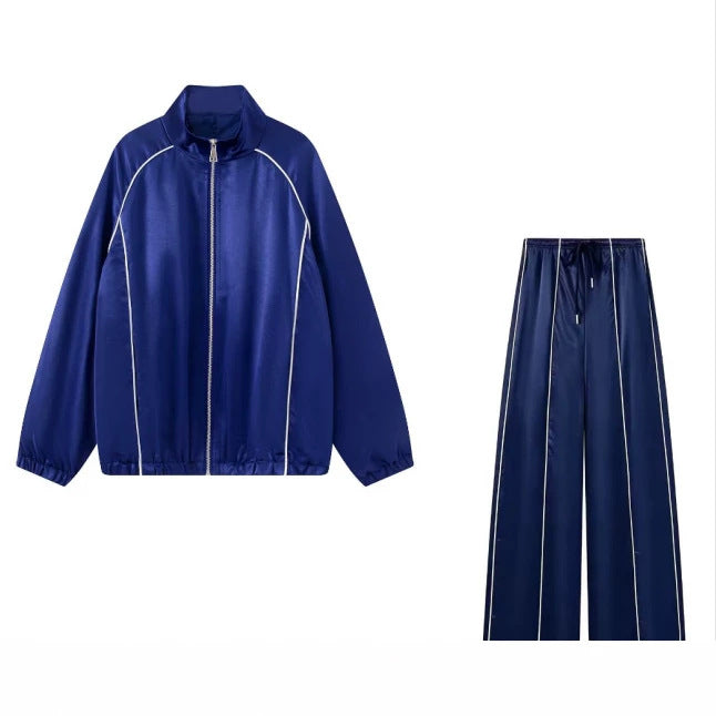 Women's Two-Piece Satin Training Set with Zip Jacket and Wide Track Pant Mune Fashion