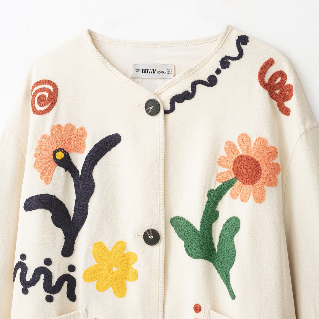 Women's Embroidered Oversized Cotton Jacket with Floral Decor and Button Placket Mune Fashion