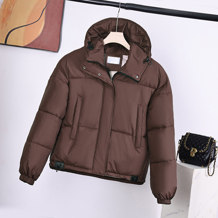 Women's short padded hooded jacket in boxy cut with concealed zip placket Mune Fashion