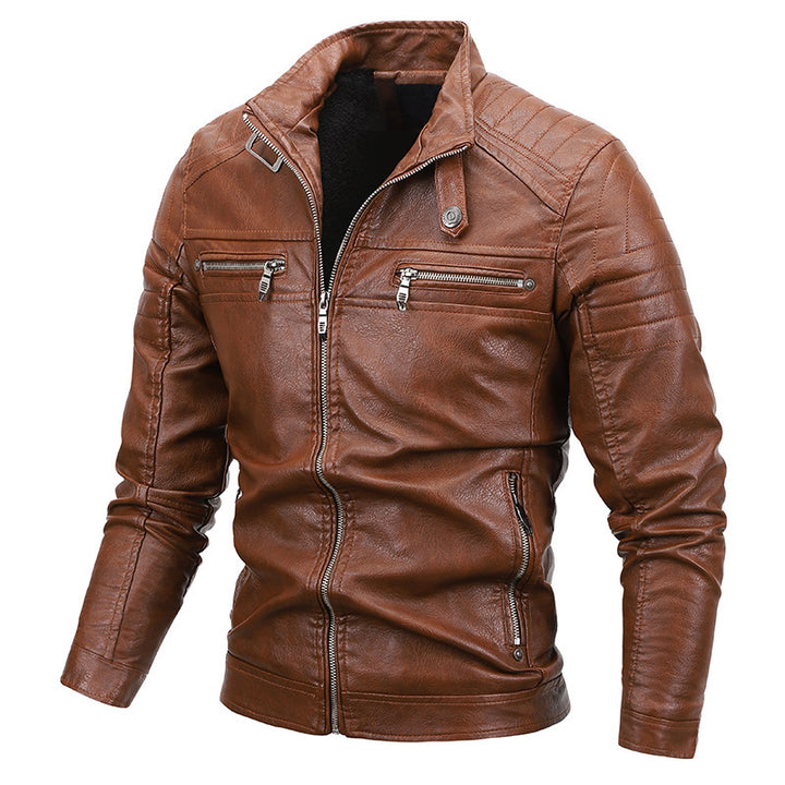 Men's Slim-Fit Faux Leather Biker Jacket with Quilted Shoulder Yoke and Zipper Mune Fashion