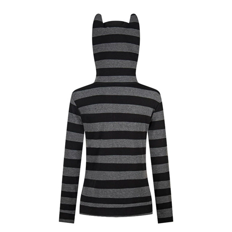 Women's hooded jacket with ears, striped zip cardigan and star appliqués Mune Fashion