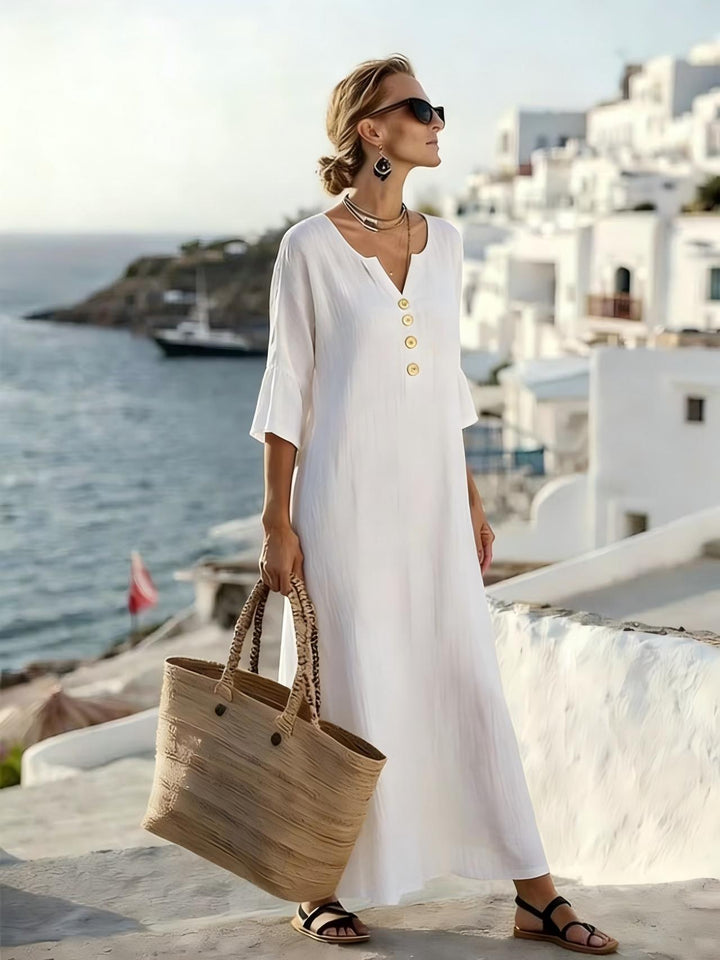 Women's Relaxed V-Neck Button-Front Maxi Caftan Dress Mune Fashion