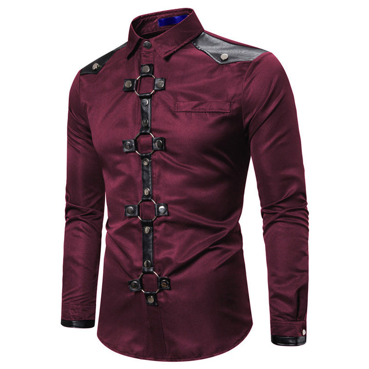 Men's fitted long sleeve shirt with decorative leather stripes and metal rings Mune Fashion