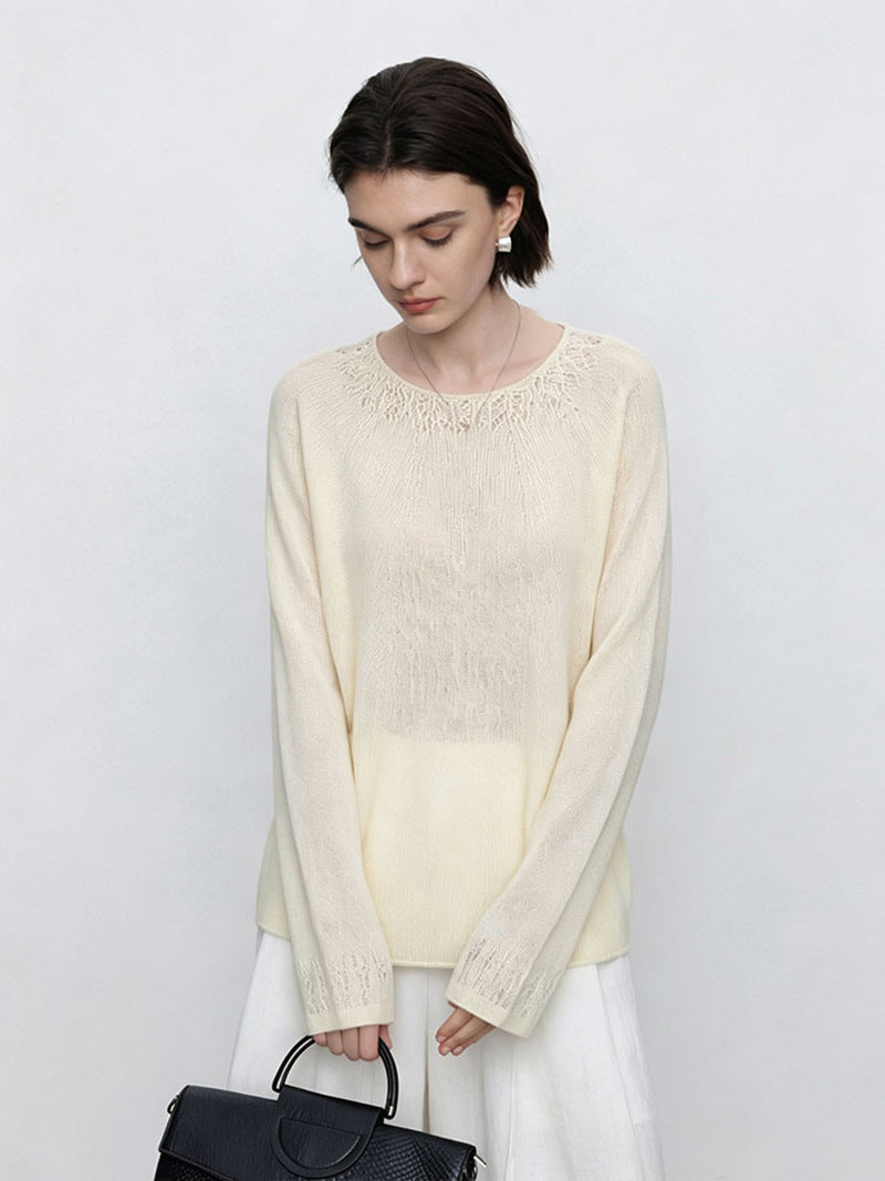 Women's Fine Round Neck Sweater with Lace Knit Detail Mune Fashion