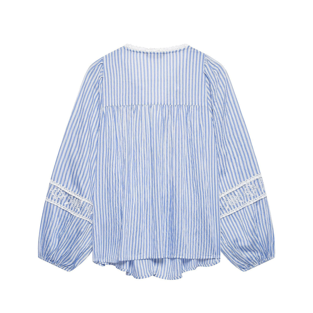 Ladies Striped Blouse with Crochet Lace, Balloon Sleeves and Button Placket Mune Fashion