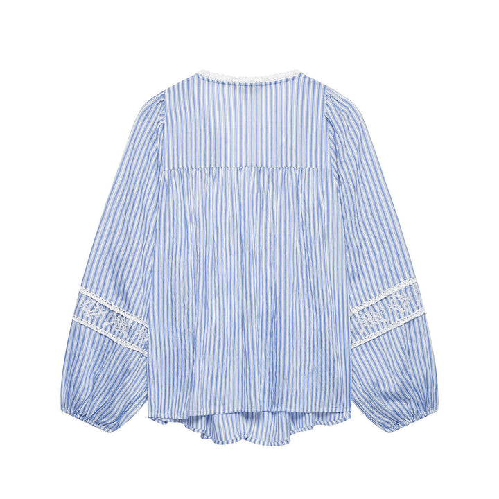 Ladies Striped Blouse with Crochet Lace, Balloon Sleeves and Button Placket Mune Fashion