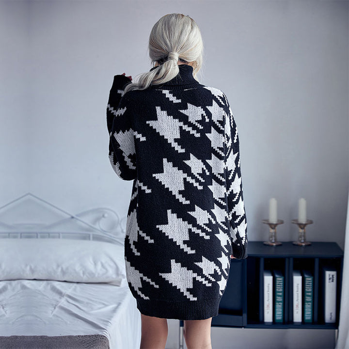 Ladies' knit mini dress with houndstooth jacquard, roll neck and waist-accentuating belt look Mune Fashion