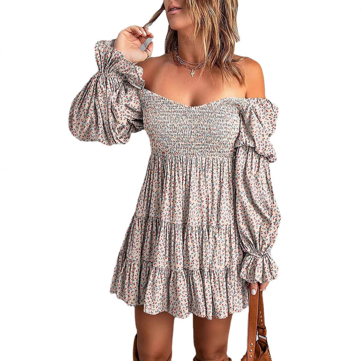 Women Off-Shoulder Mini Dress with Smocked Top, Ruffle Tiers and Gathered Balloon Sleeves Mune Fashion