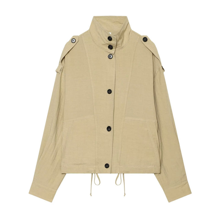 Women Oversize Cropped Utility Jacket with High Stand-up Collar, Shoulder Flaps and Drawstring Mune Fashion