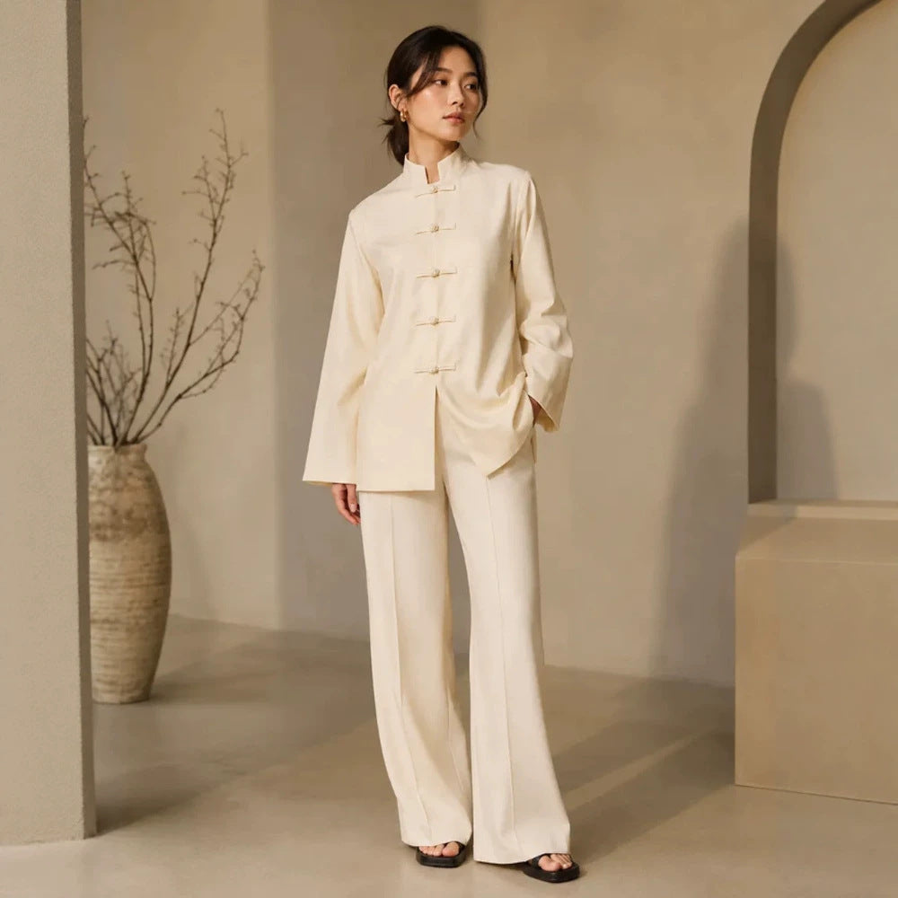 Women's Mandarin Collar Tunic Jacket with Knot Closures and Wide Palazzo Pants Mune Fashion