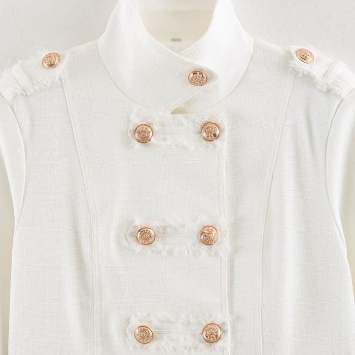 Ladies Short Cut Military Inspired Jacket with Stand-Up Collar and Decorative Button Placket Mune Fashion