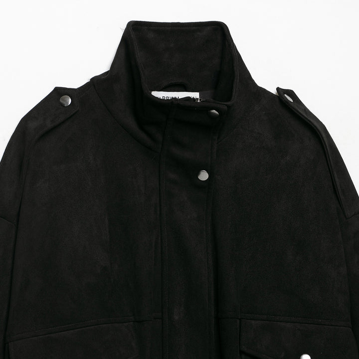 Women's tailored velvet bomber jacket with stand-up collar, shoulder epaulettes, and large flap pockets