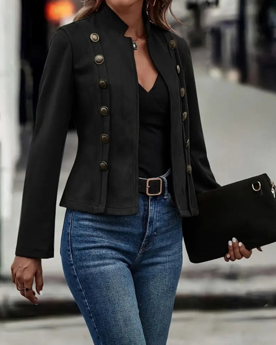 Women's fitted military jacket with stand-up collar and double button placket Mune Fashion