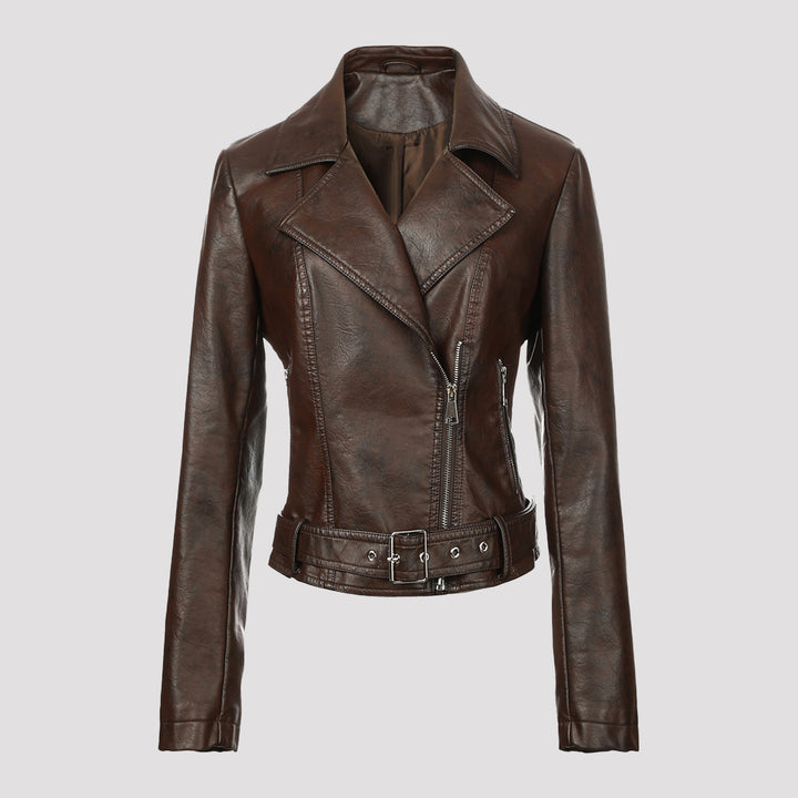 Women's short tailored leather biker jacket with waist belt and asymmetrical zipper Mune Fashion