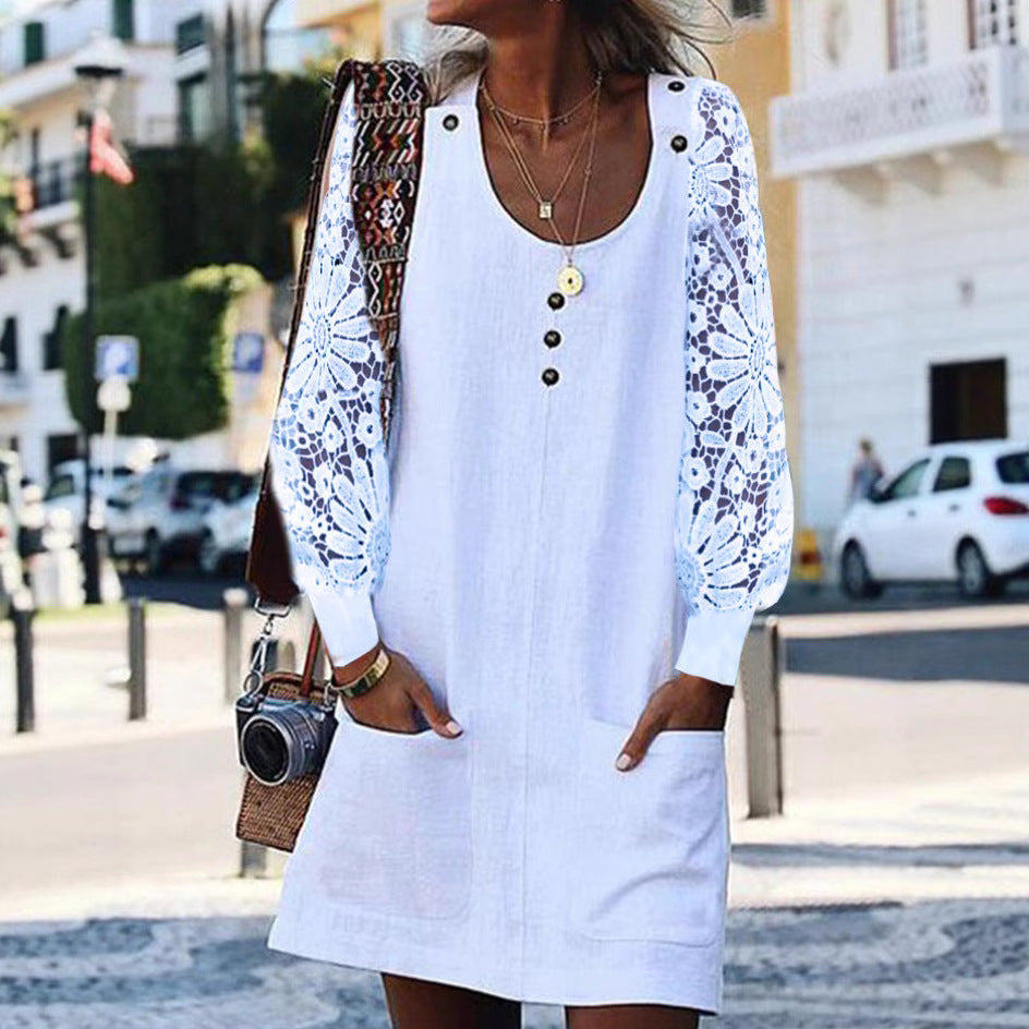 Women's relaxed linen mini dress with floral crochet sleeves, U-neckline and patch pockets Mune Fashion