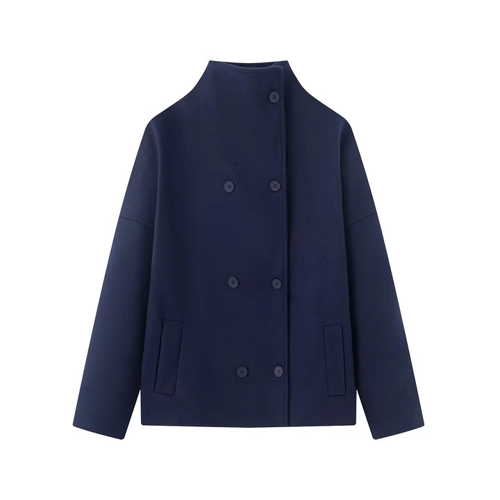 Women nan kastiger short coat with high stand-up collar double button and concealed button placket Mune Fashion