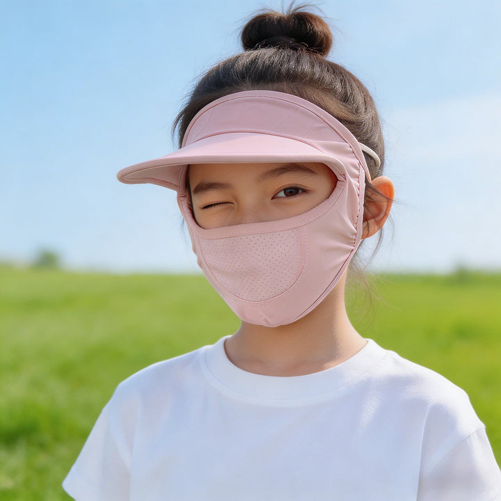 Women's sun protection visor with integrated breathable face mask and adjustable neck draw Mune Fashion