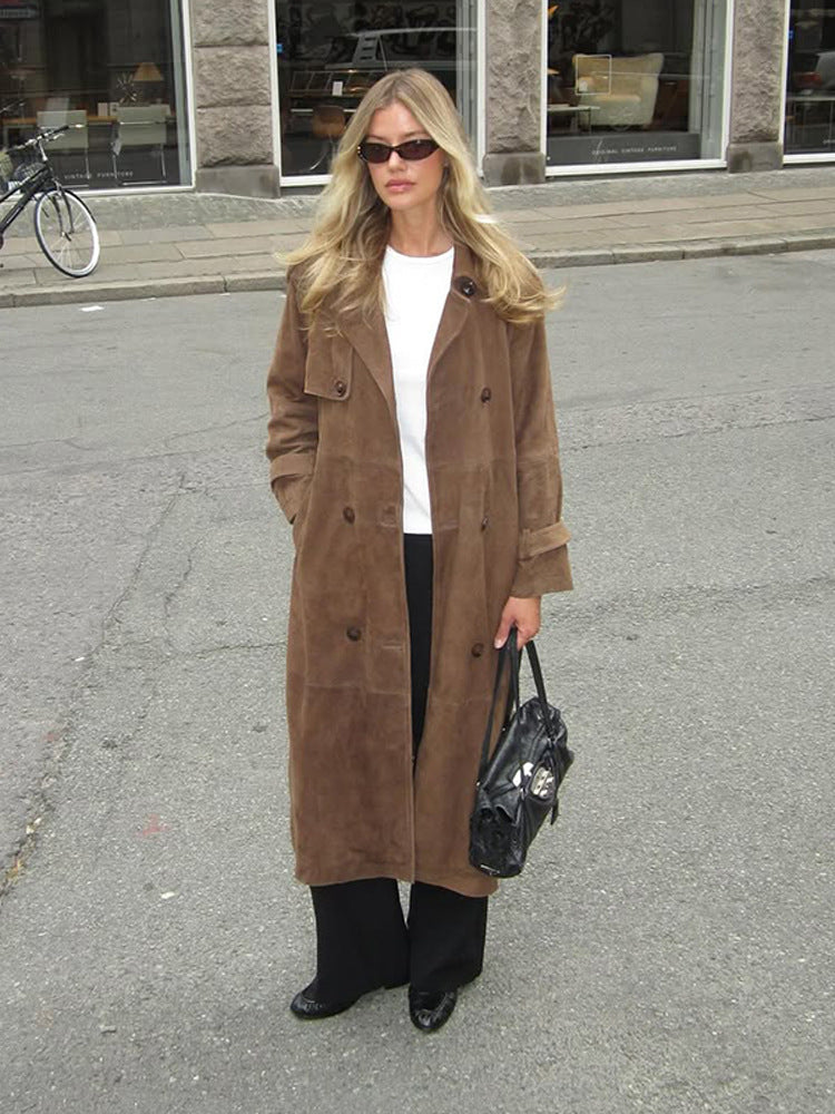 Women's Long Suede Trench Coat with Double-Breasted Buttons Mune Fashion