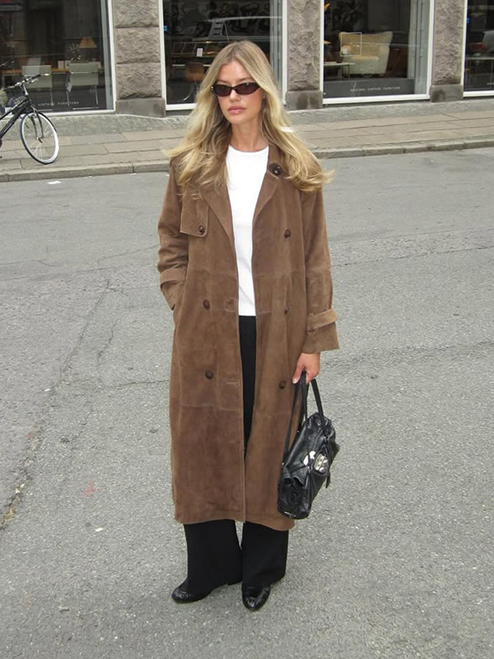 Women's Long Suede Trench Coat with Double-Breasted Buttons Mune Fashion