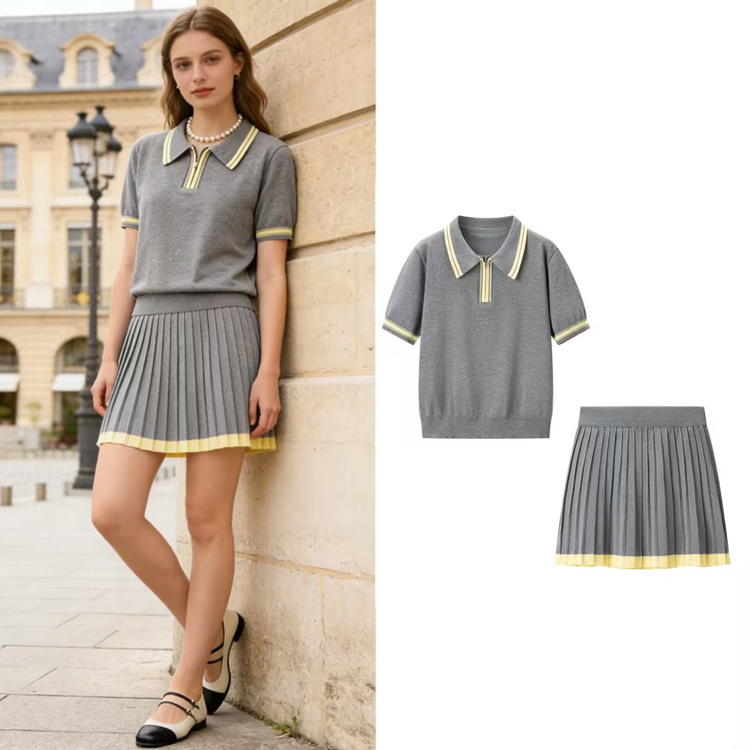 Women's two-piece knitted set with polo shirt and pleated midi skirt Mune Fashion