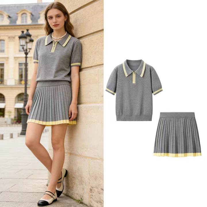 Women's two-piece knitted set with polo shirt and pleated midi skirt Mune Fashion