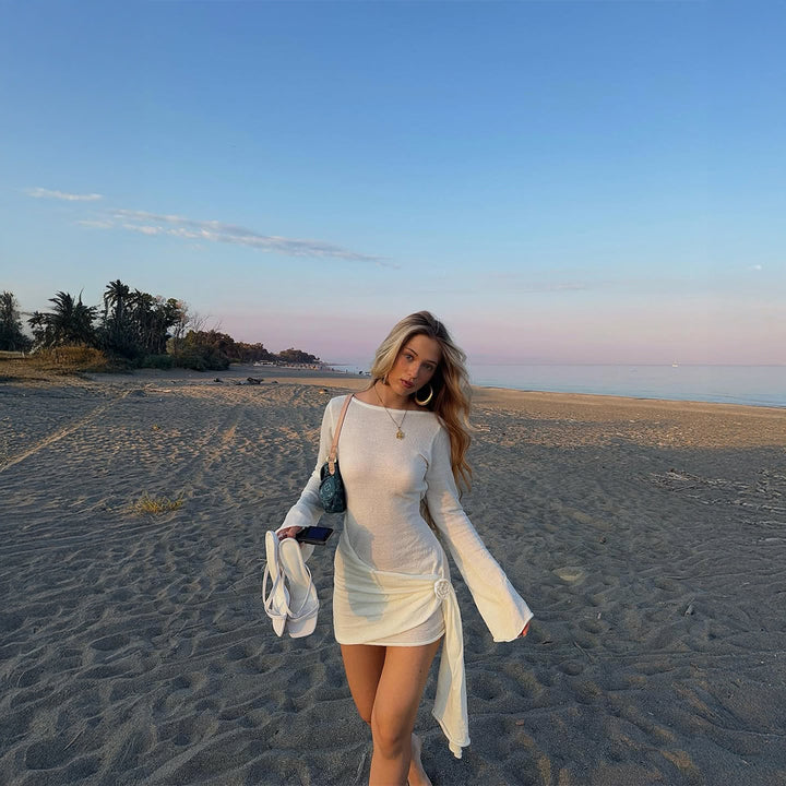 Women's elegant terry mini dress with tailored silhouette, long sleeves and side draped bow Mune Fashion