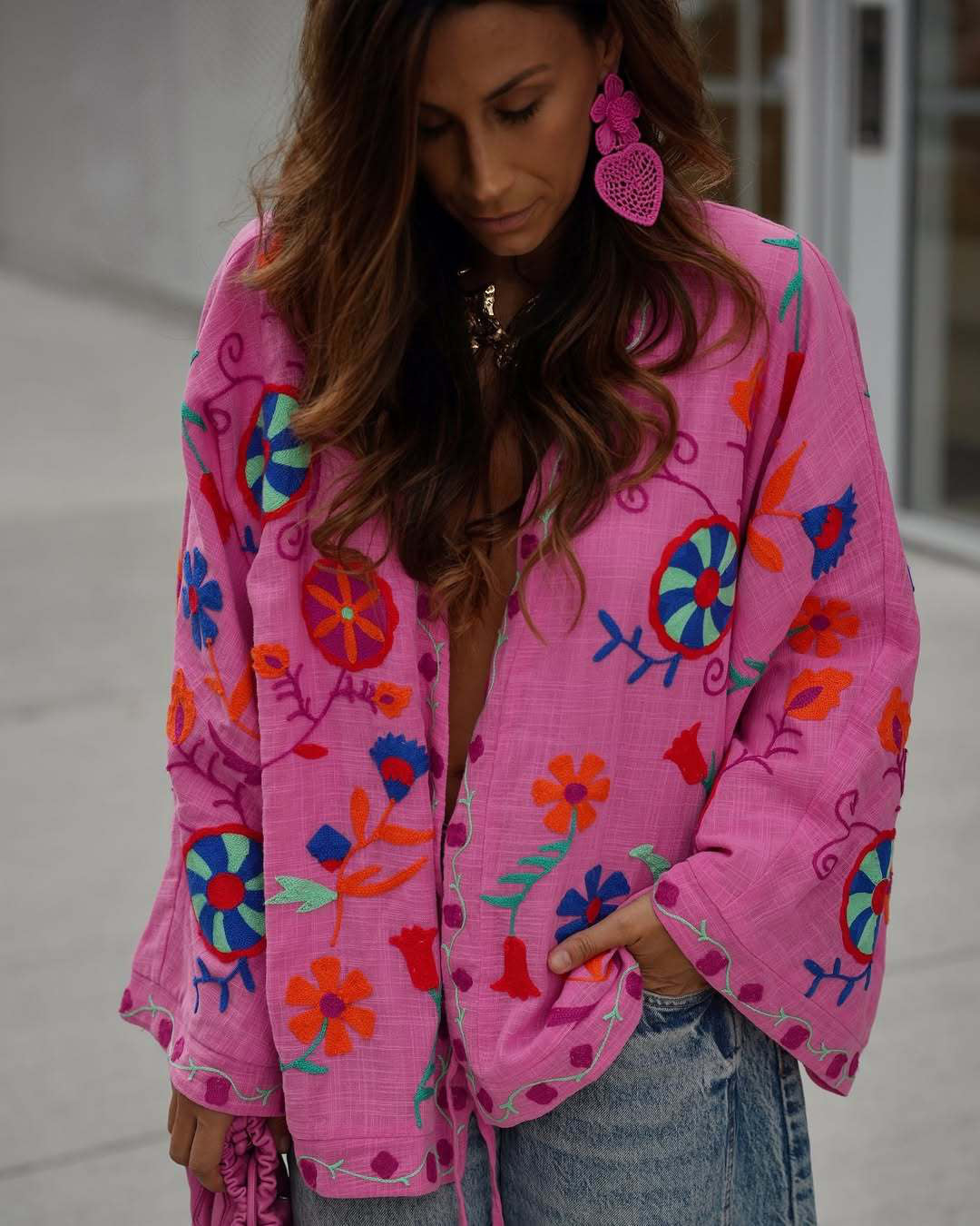 Women's Oversize Light Cotton Cardigan with Colorful Floral Embroidery Mune Fashion