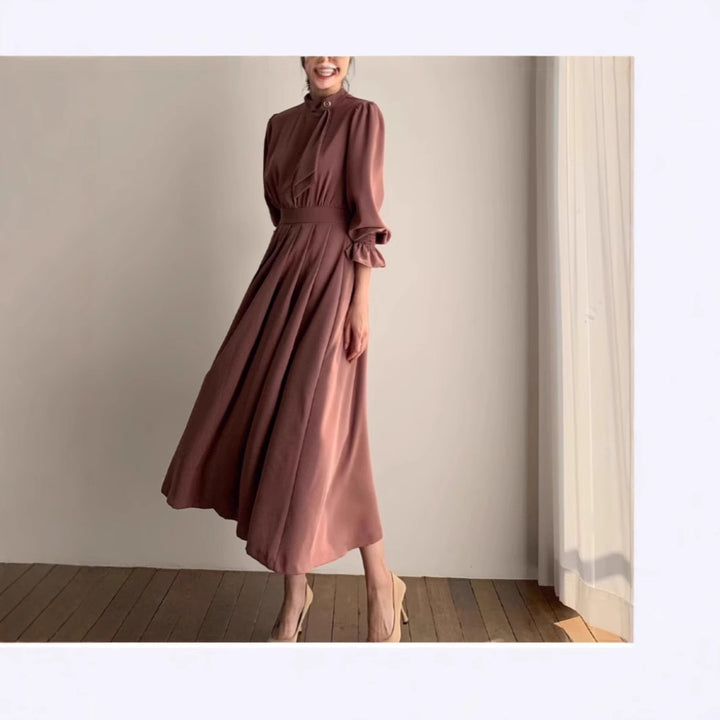 Women's midi dress with standing collar, bow panel and gathered waist Mune Fashion