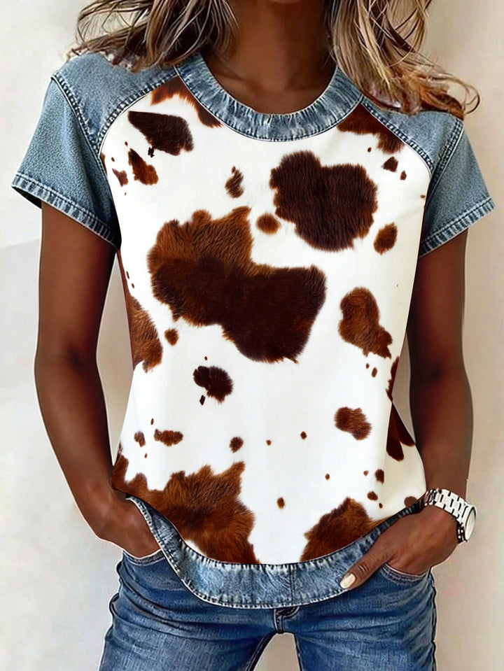 Women's Short Sleeve Shirt with Jeans Inserts and Teddy Patch Print Mune Fashion