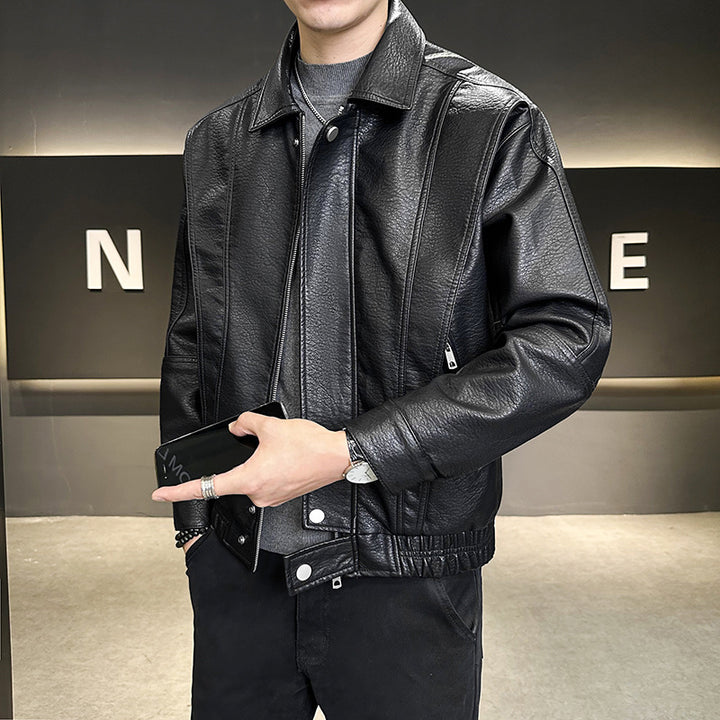 Men's Short Oversized Leather Imitation Blouson with Stand Collar, Zipper and Elastic Hem Mune Fashion