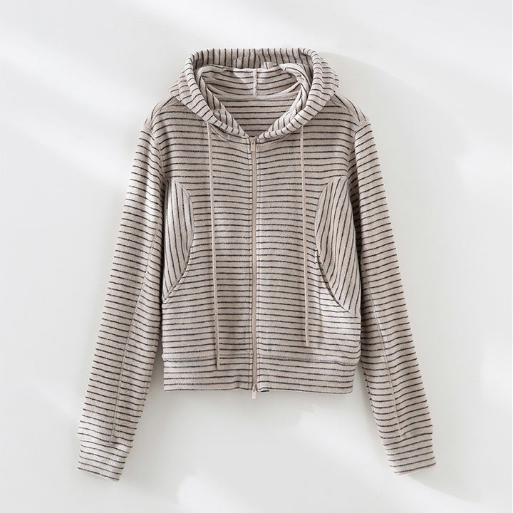 Women's Striped Hoodie Zip Cardigan with Pocket and Narrow Ribbed Cuffs Mune Fashion
