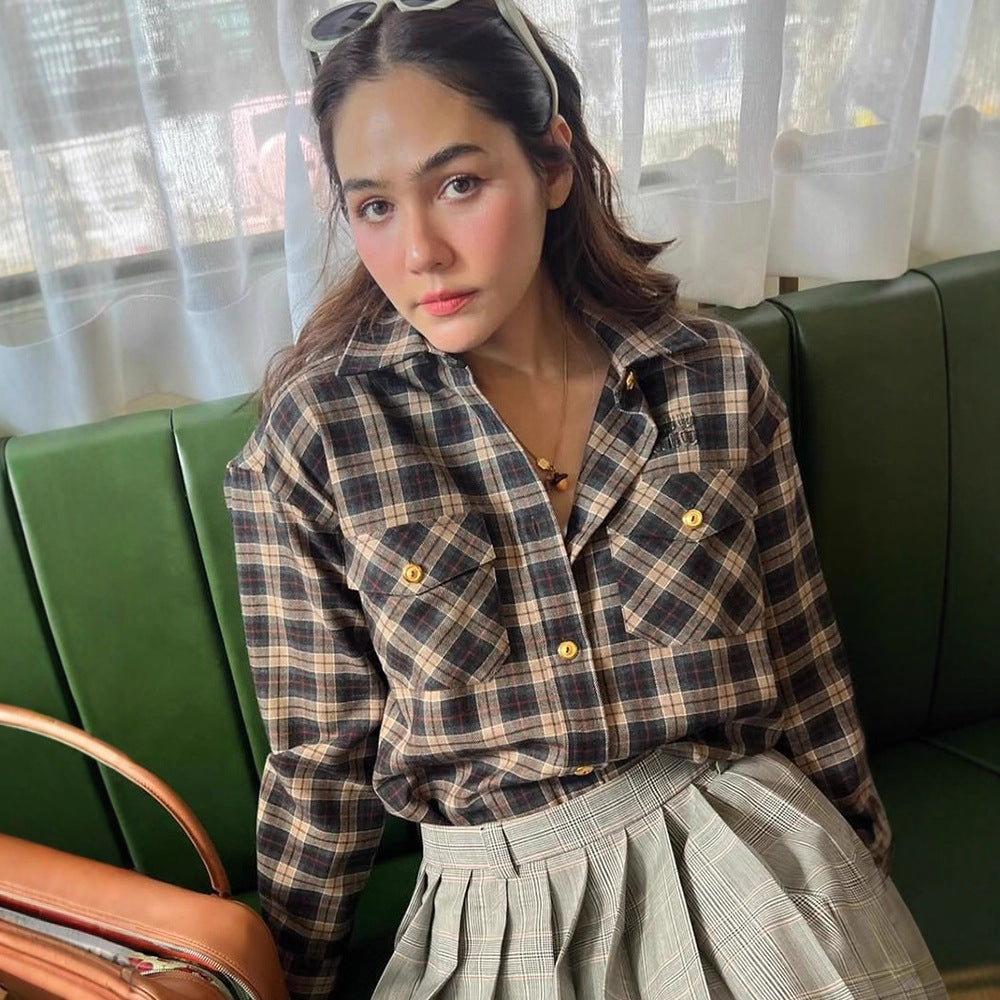 Women Checked Overshirt with Chest Pockets and Gold Snap Buttons Mune Fashion